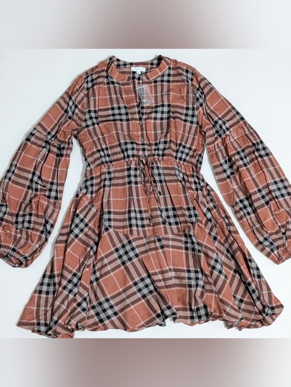August Sky Plaid Dress Large Rust Terracotta Long Sleeve Button Front NWOT Boho